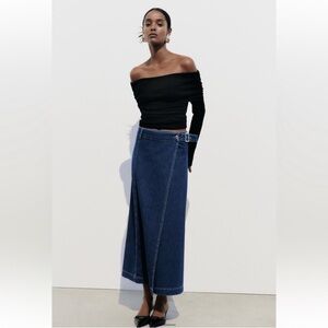 Zara Dark Blue Denim Wrap Midi Skirt